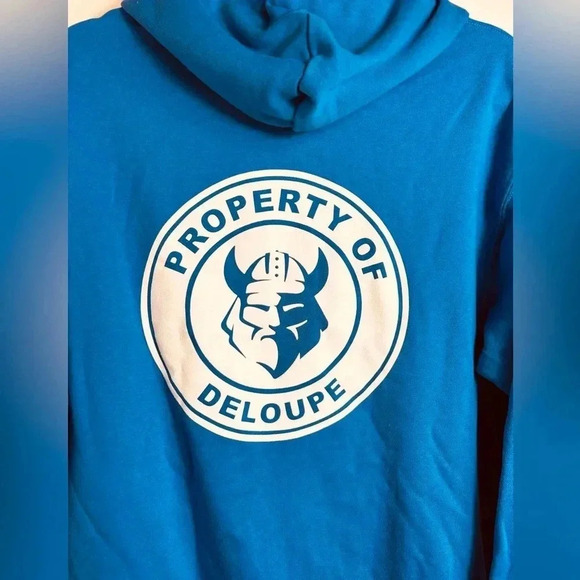 ATC zippered graphic hoodie, Blue, Medium “Property of Deloupe” Fleece Full Zip - Picture 3 of 10